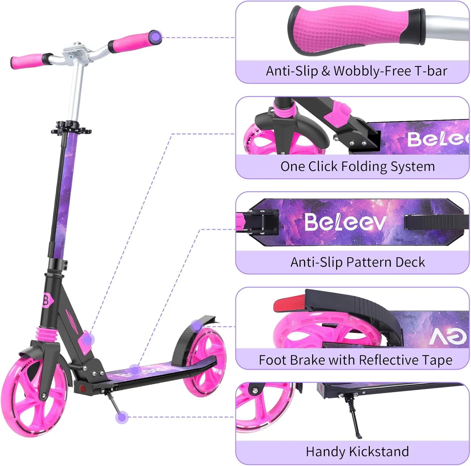 BELEEV V8 Scooters for Kids Ages 6  with Light-Up Deck, 2 Wheel Folding Scooter for Adults Teens, 4 Adjustable Height, Lightweight Sport Commuter Scooter, Sturdy Frame, Max Load 220 lbs