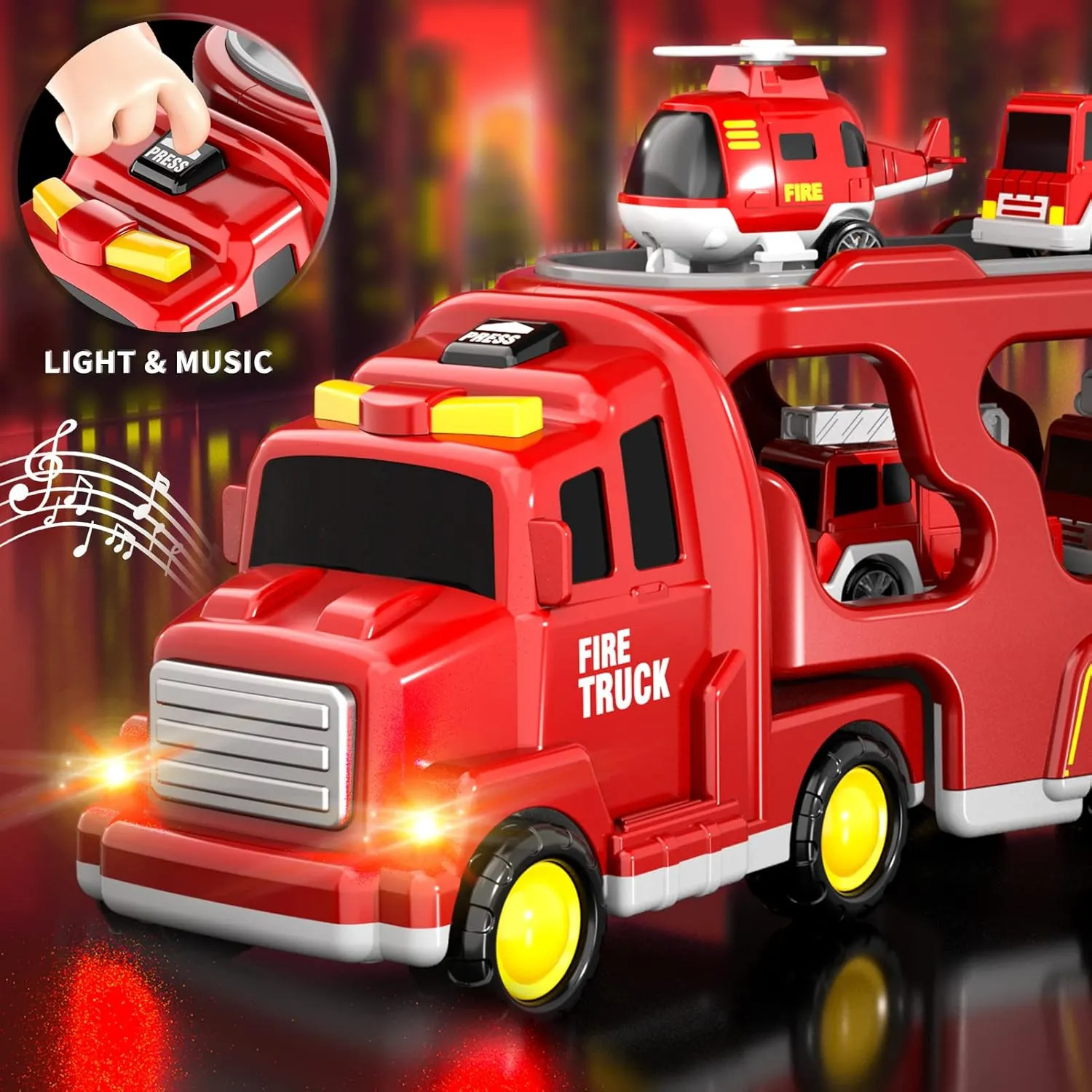 Bennol Fire Trucks Toddler Toys for Boys Age 1-3 3-5, 5-in-1 Fire Car Truck for Girls 1 2 3 4 5 6 Years Old, Christmas Birthday Gift Car Sets with Light Sound