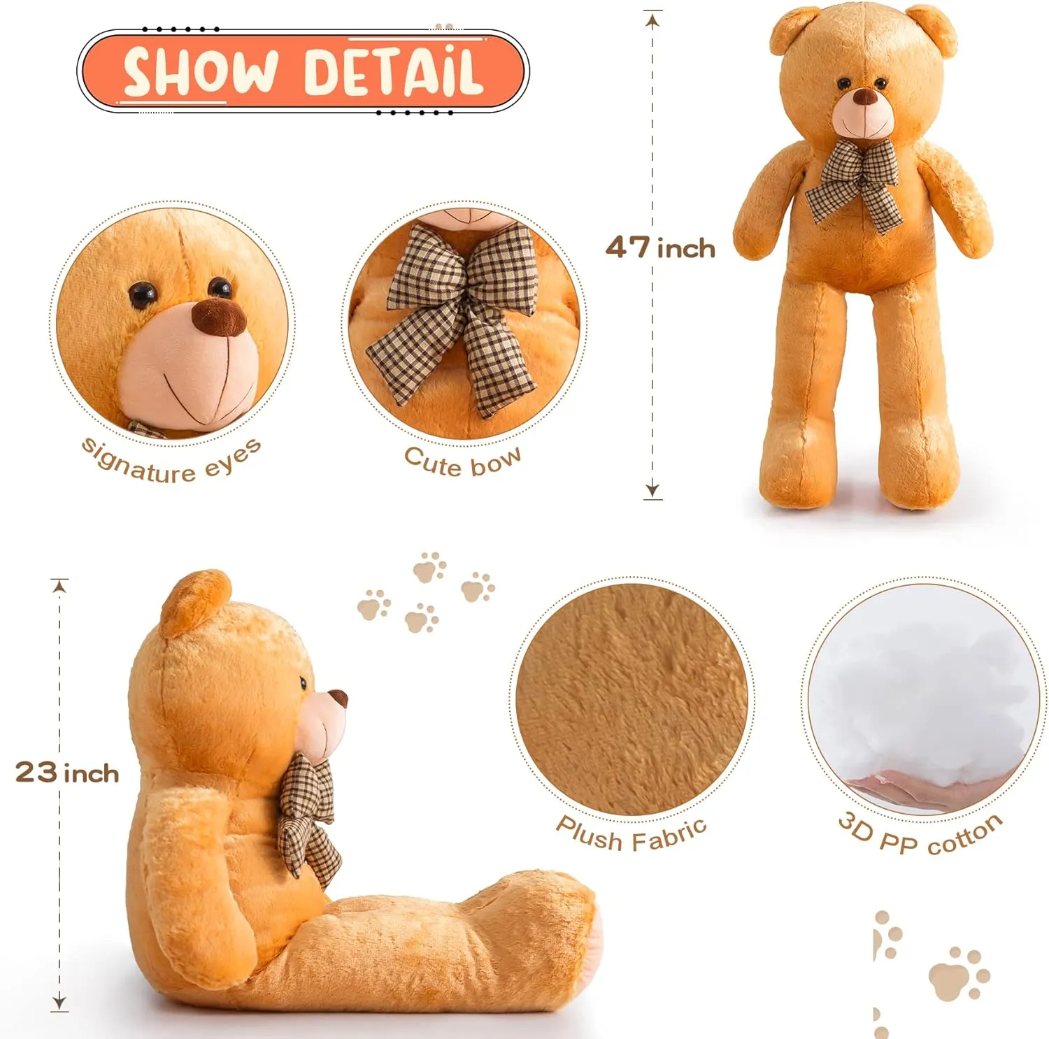 Big Teddy Bear 4 Feet Stuffed Animal Giant Teddy Bear Jumbo Stuffed Animals Big Teddy Bears Large Plush Toy Life Size Bear for Birthday Halloween Christmas Brown 47 Inch