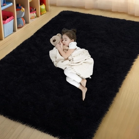 Black Area Rugs for Bedroom, 4x6 Fluffy Soft Shag Rugs for Living Room, Small Fuzzy Plush Shaggy Carpets for Boys and Girls Dorm Room Home Decor (4ft x 6ft, Black)