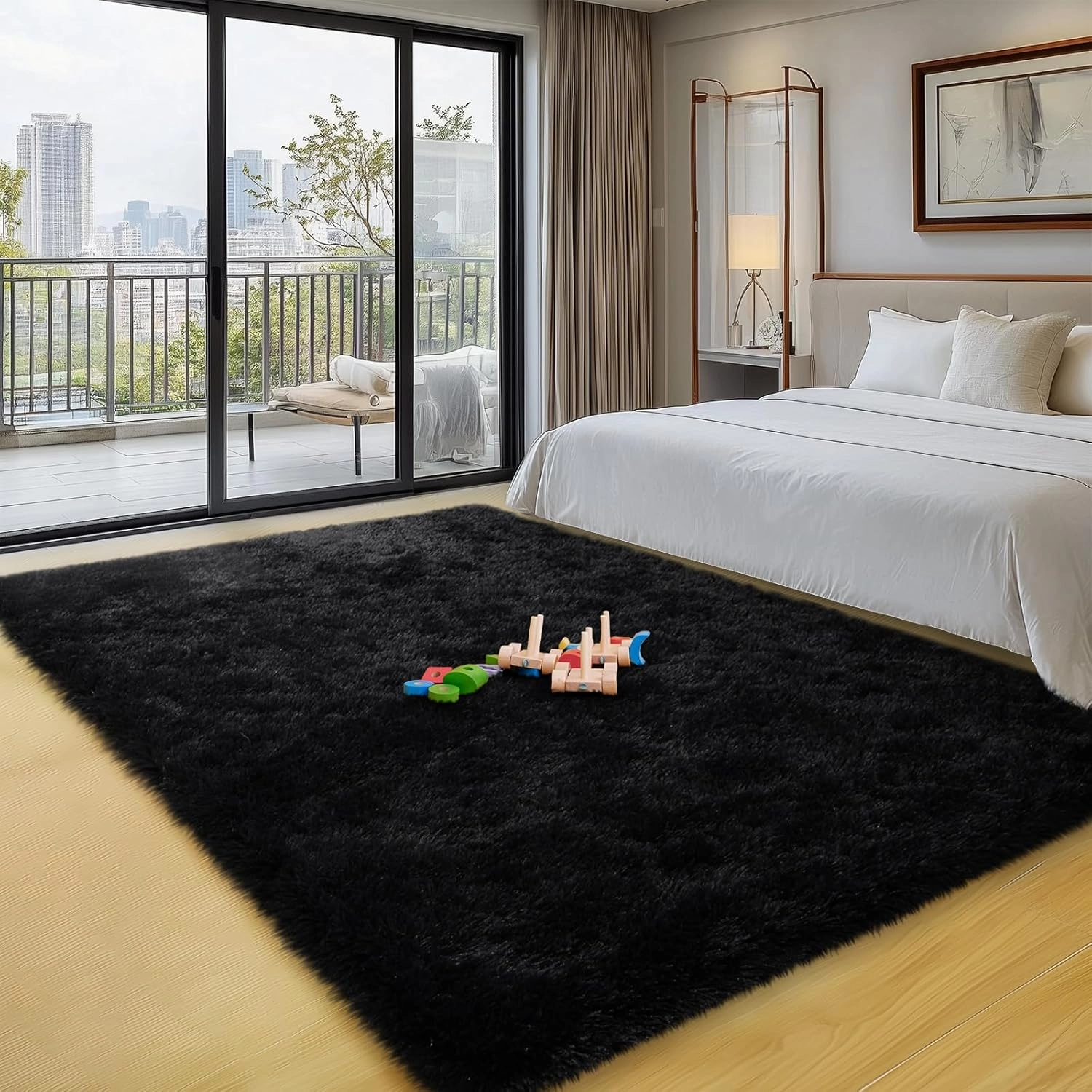 Black Area Rugs for Bedroom, 4x6 Fluffy Soft Shag Rugs for Living Room, Small Fuzzy Plush Shaggy Carpets for Boys and Girls Dorm Room Home Decor (4ft x 6ft, Black)
