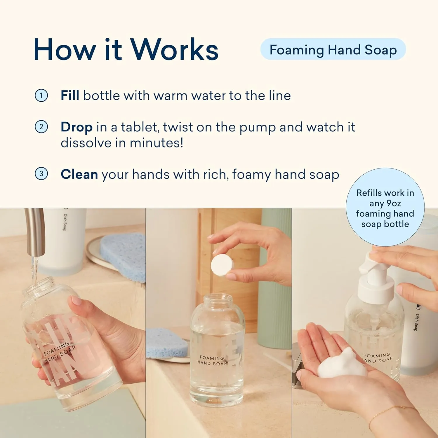 BLUELAND Foaming Hand Soap Refill Tablets, 10-Pack, Fragrance-Free, Eco Friendly Cleaning Products, 10 x 9 Fl oz