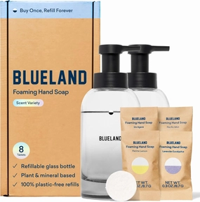 BLUELAND Hand Soap Duo Slate, 2 Refillable Glass Foaming Hand Soap Dispensers with 8 Refill Tablets, Variety Scents, 8 x 9 Fl oz