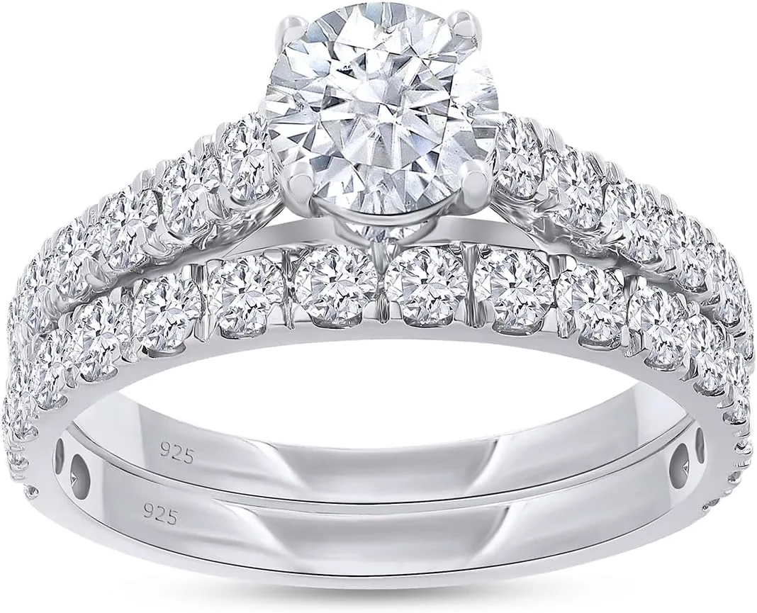 Bridal Ring Set For Women, 2.00 Carat Round Lab Grown Diamond Engagement Wedding Rings Set In 14K Gold Over Sterling Silver Jewelry Gifts For Her (2.00 Cttw)