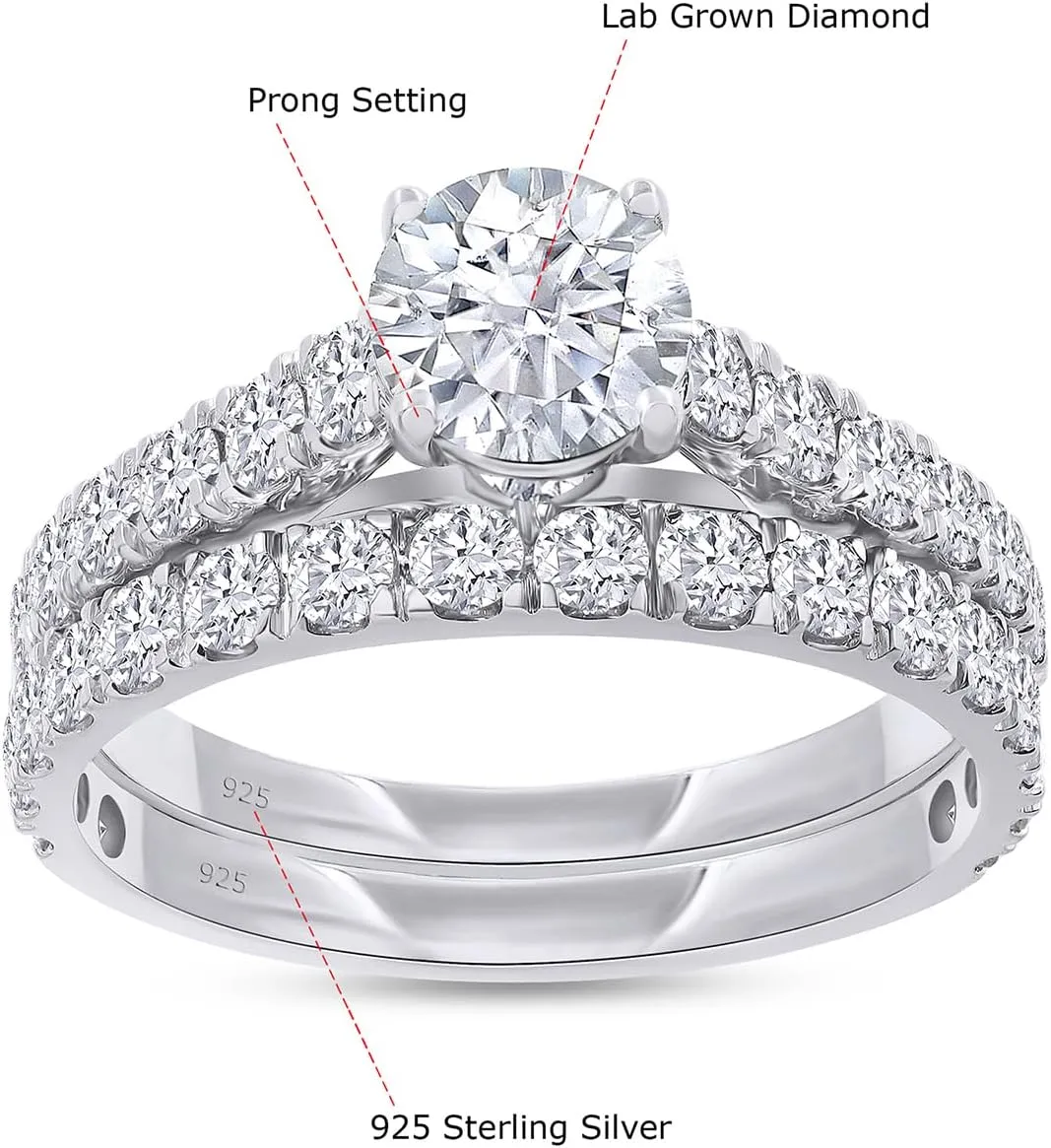 Bridal Ring Set For Women, 2.00 Carat Round Lab Grown Diamond Engagement Wedding Rings Set In 14K Gold Over Sterling Silver Jewelry Gifts For Her (2.00 Cttw)