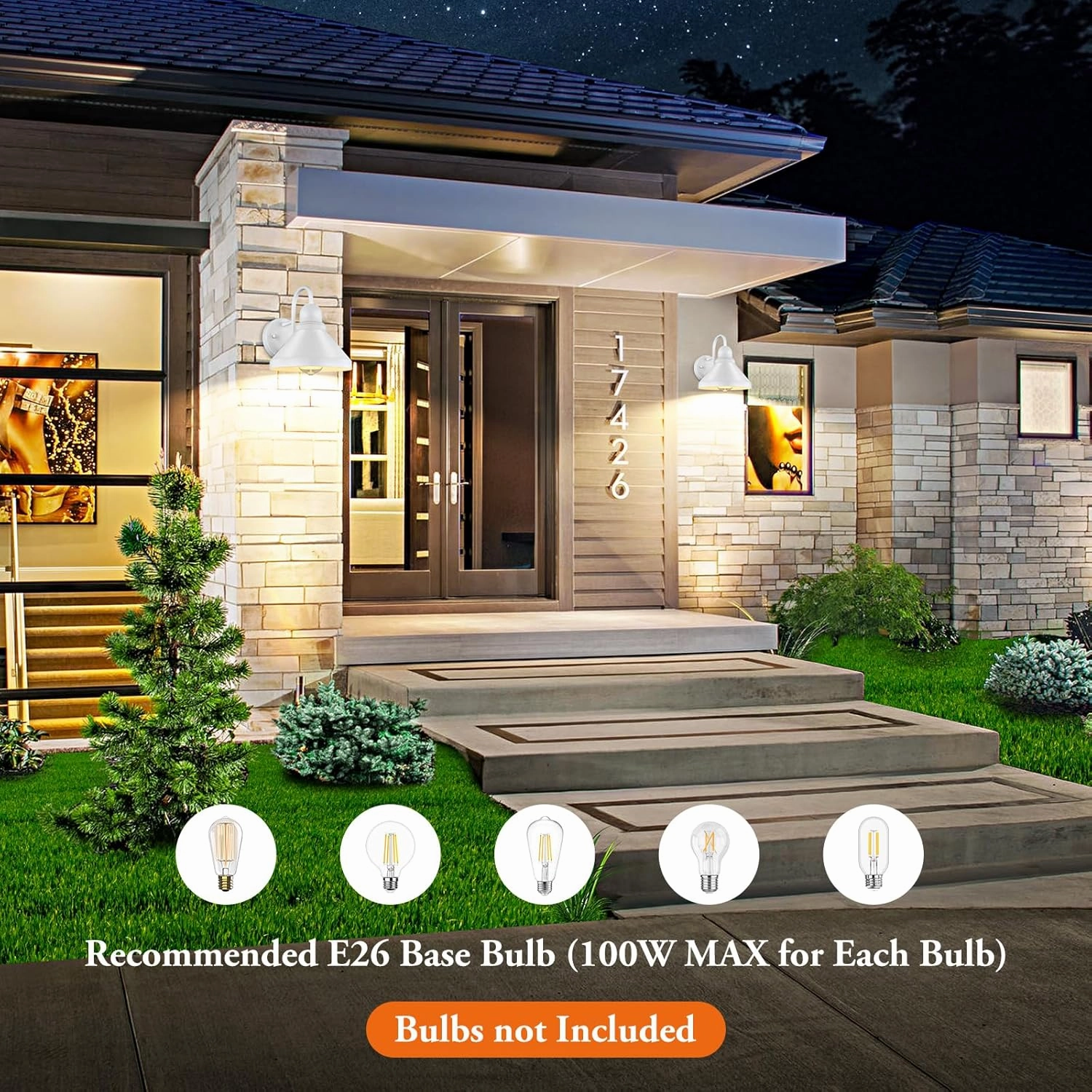 Brightever Gooseneck Outdoor Wall Lanterns, Pack of 2 Exterior Light Fixtures, Anti-Rust Outside Barn Wall Mount Sconces, Waterproof White Patio Wall Lamps for House, Front Door, Bulb Excluded