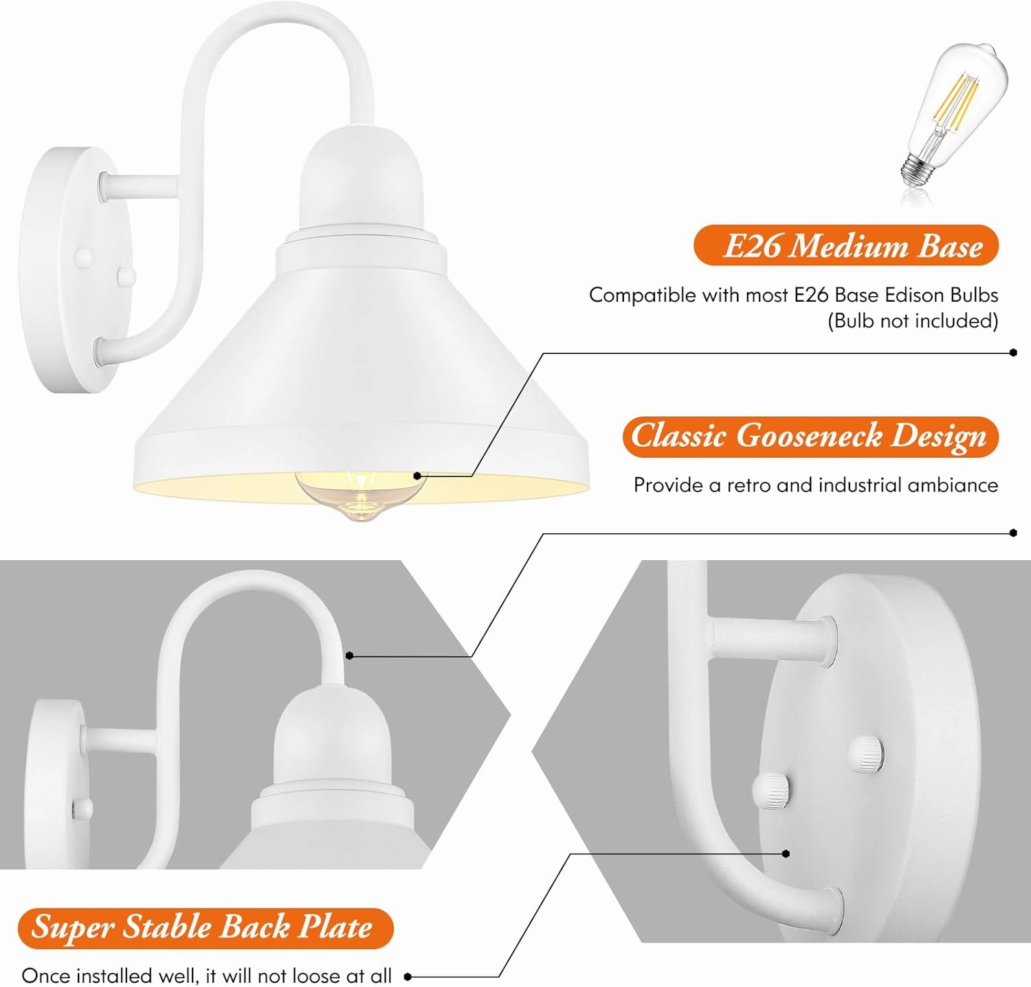 Brightever Gooseneck Outdoor Wall Lanterns, Pack of 2 Exterior Light Fixtures, Anti-Rust Outside Barn Wall Mount Sconces, Waterproof White Patio Wall Lamps for House, Front Door, Bulb Excluded