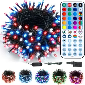 Brizled Color Changing RGB Christmas Lights, 66ft 200 LED Red White Blue Patriotic Lights with Remote, Dimmable Decorative Lighting Outdoor, Mini Tree Light Indoor Plugin for 4th July Xmas Party Decor