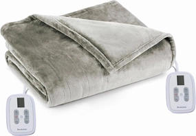 Brookstone Electric Heated Plush Blanket w/ 10 Heat Settings - Adjustable Timer, 12-Hour Auto Shut Off - Machine Washable & Dryer Safe - Polyester Velvet Blanket, King Size - Taupe