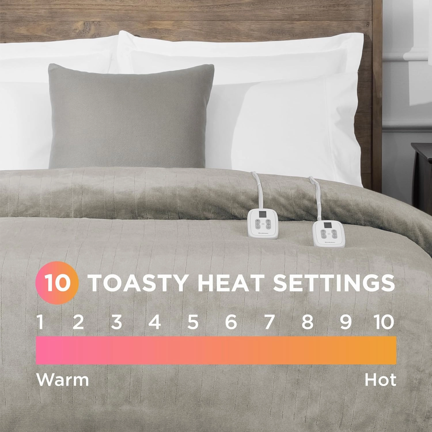 Brookstone Electric Heated Plush Blanket w/ 10 Heat Settings - Adjustable Timer, 12-Hour Auto Shut Off - Machine Washable & Dryer Safe - Polyester Velvet Blanket, King Size - Taupe