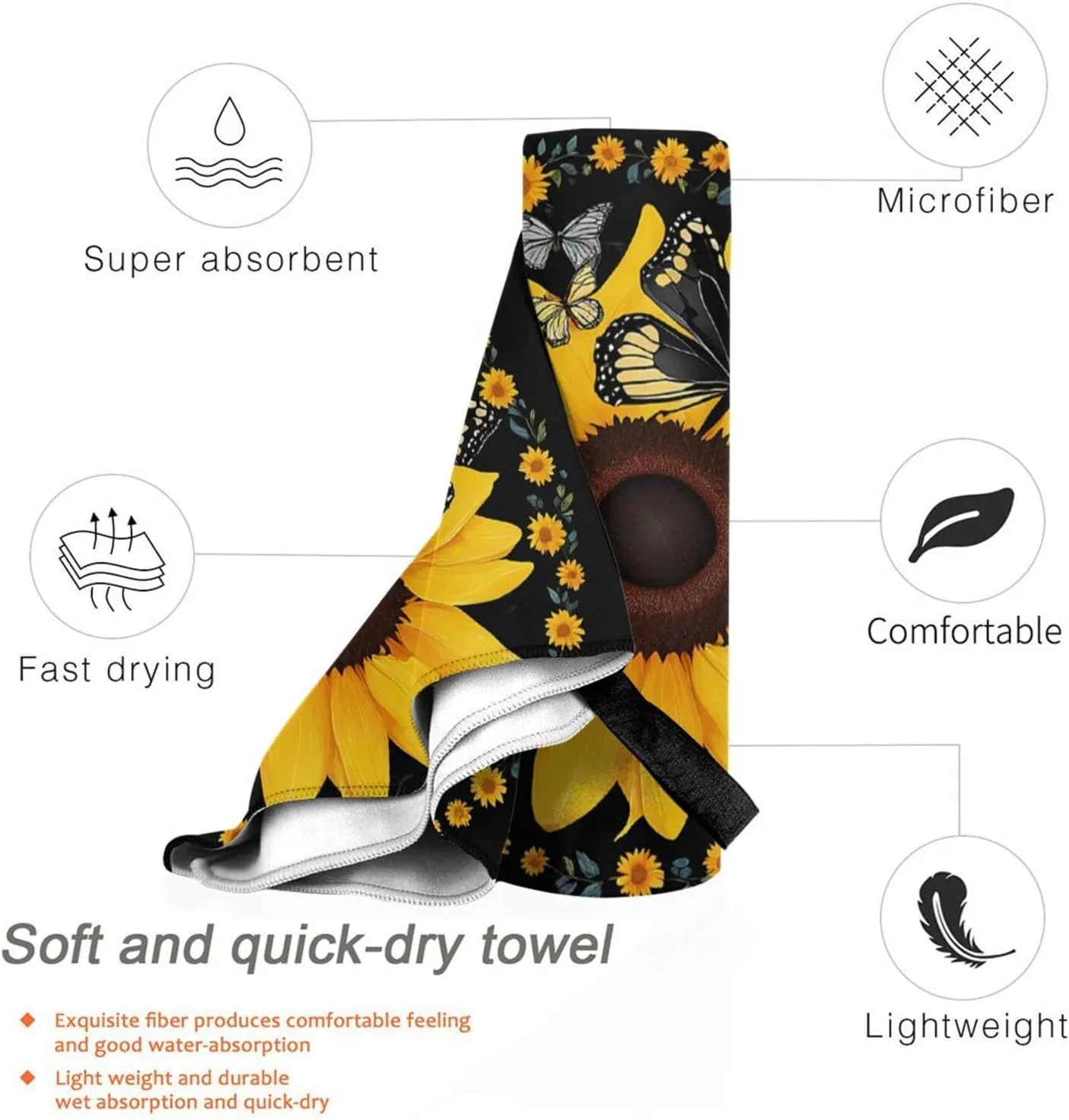 Butterfly and Sunflower Premium Compact Microfiber Travel Towel-Featherlight & Quick Dry,Sand-Resistant Beach Towel for Swimming,Camping,Vacation Essentials with Carry Pouch