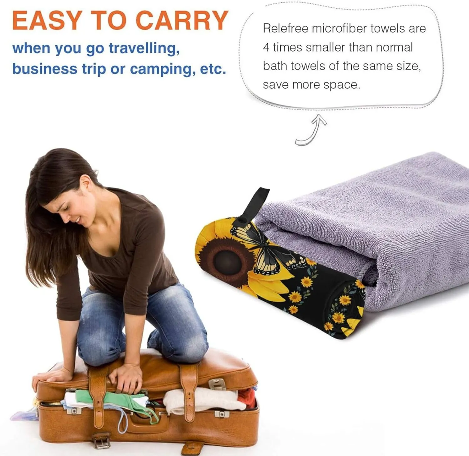 Butterfly and Sunflower Premium Compact Microfiber Travel Towel-Featherlight & Quick Dry,Sand-Resistant Beach Towel for Swimming,Camping,Vacation Essentials with Carry Pouch