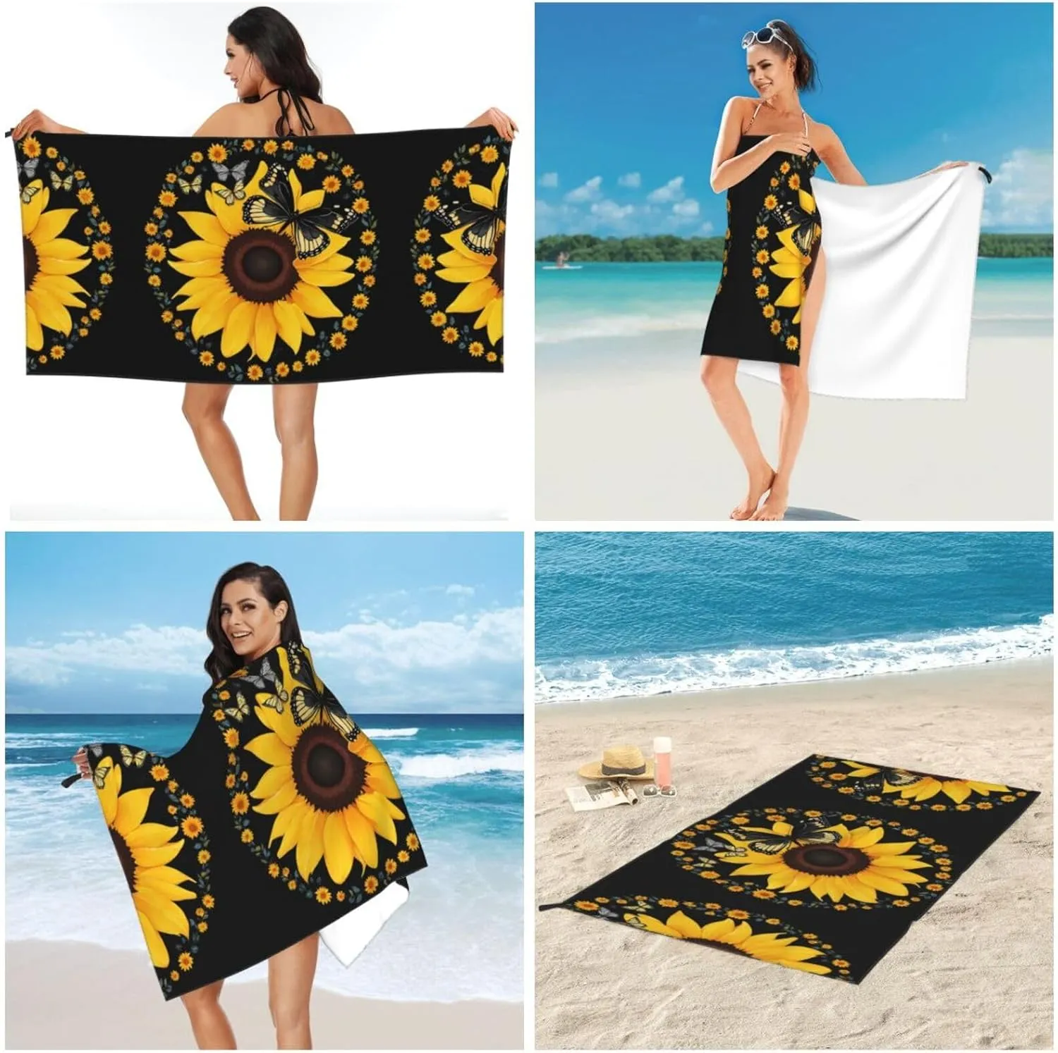 Butterfly and Sunflower Premium Compact Microfiber Travel Towel-Featherlight & Quick Dry,Sand-Resistant Beach Towel for Swimming,Camping,Vacation Essentials with Carry Pouch