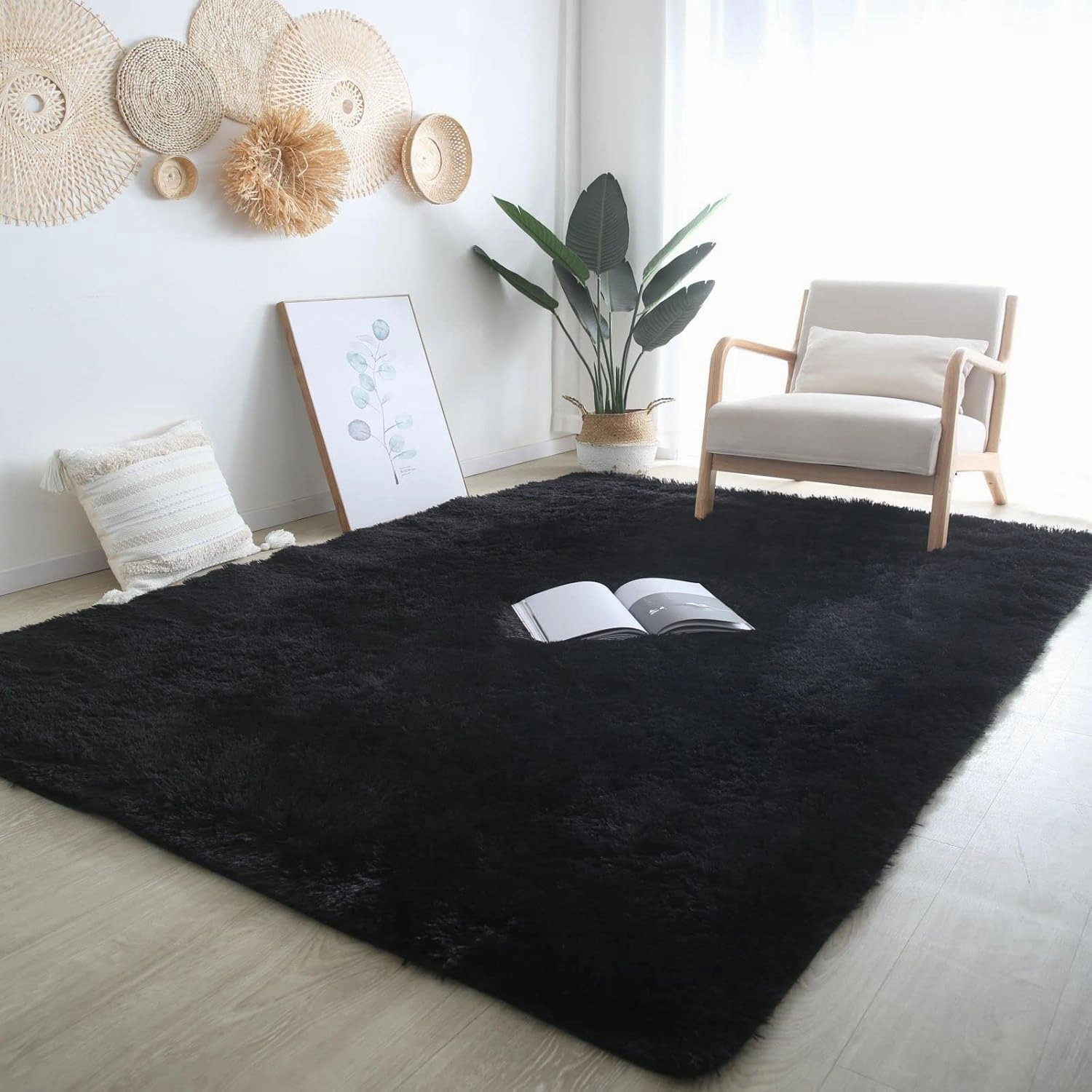 CAIYUECS Shag Area Rug,Indoor Ultra Soft Plush Rugs for Bedroom Living Room, Non-Skid Modern Nursery Faux Fur Rugs for Kids Room Home Decor (3x5 Feet, Black)