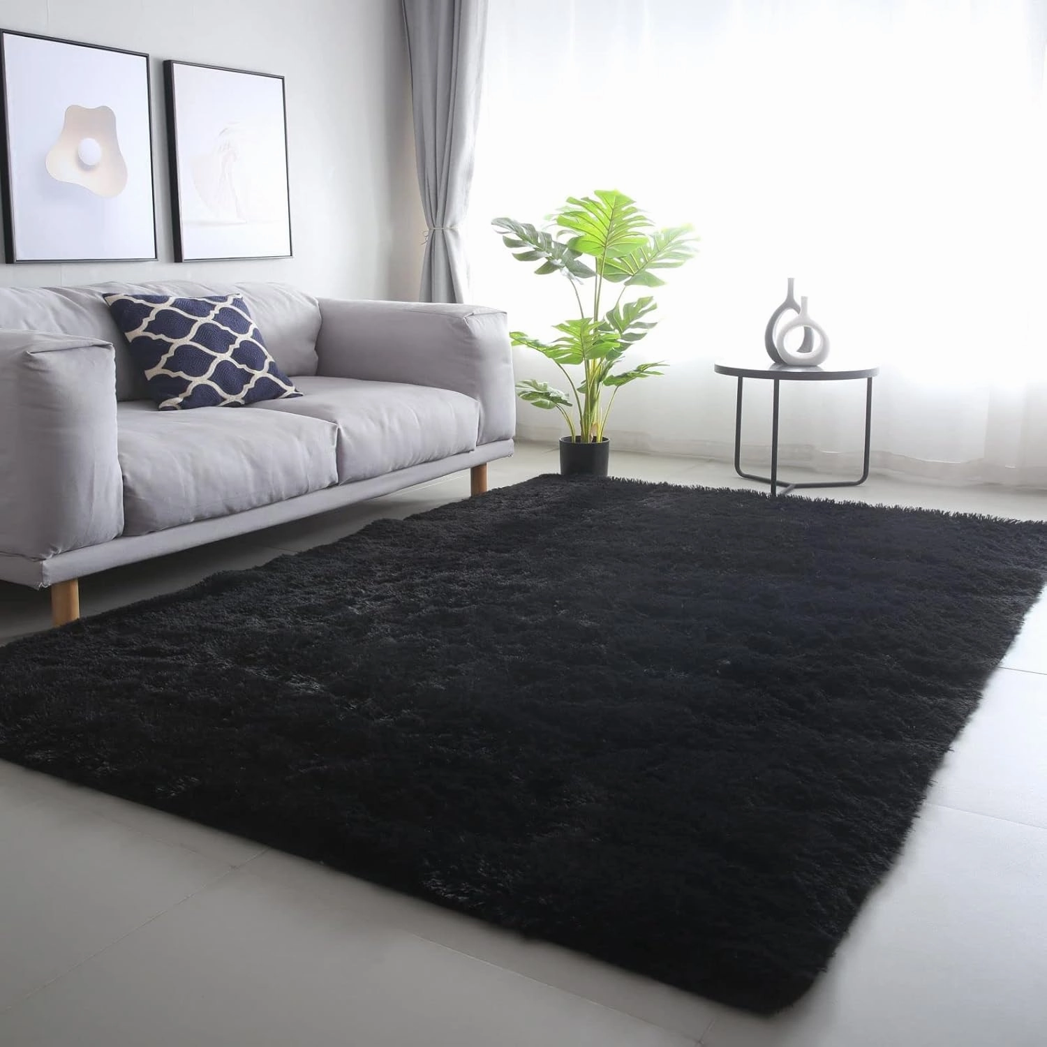 CAIYUECS Shag Area Rug,Indoor Ultra Soft Plush Rugs for Bedroom Living Room, Non-Skid Modern Nursery Faux Fur Rugs for Kids Room Home Decor (3x5 Feet, Black)