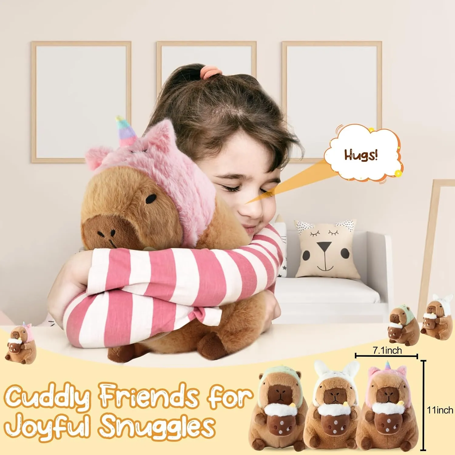 Capybara Plush Pillow Kawaii Soft Stuffed Animals Toy with Unicorn Hood Cute Capibara Plushie Gifts for Kids Girls Boys Birthday Valentine Room Decor 11 Inch