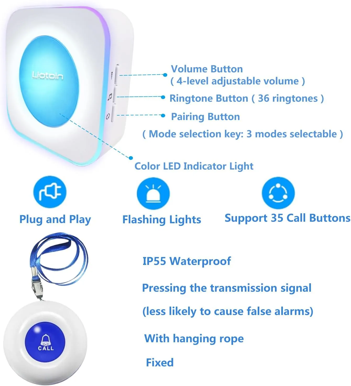 Caregiver Pager Wireless Call Button Call Bell Alert Button Nurse Alert System for Elderly/Patients/Disabled Call Light System 600 ft Operating Range (with Color Light Flashing Reminder) ﻿