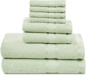 Casa Lino Bath Towel Set of 8 (2 Bath Towels, 4 Wash Cloths & 2 Hand Towels for Bathroom) - 100% Cotton - Highly Absorbent & Quick Dry - Guest Room Essentials for Bathroom Set - (Light Sage Green)