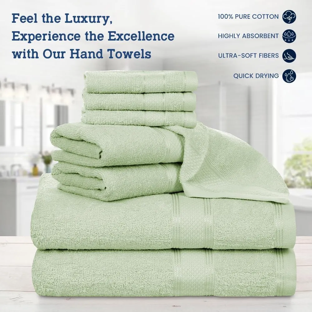 Casa Lino Bath Towel Set of 8 (2 Bath Towels, 4 Wash Cloths & 2 Hand Towels for Bathroom) - 100% Cotton - Highly Absorbent & Quick Dry - Guest Room Essentials for Bathroom Set - (Light Sage Green)