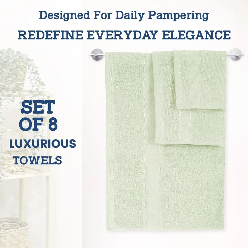 Casa Lino Bath Towel Set of 8 (2 Bath Towels, 4 Wash Cloths & 2 Hand Towels for Bathroom) - 100% Cotton - Highly Absorbent & Quick Dry - Guest Room Essentials for Bathroom Set - (Light Sage Green)