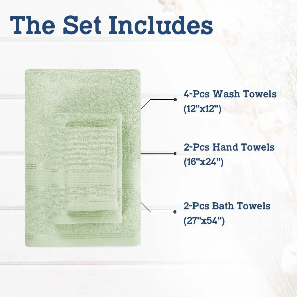 Casa Lino Bath Towel Set of 8 (2 Bath Towels, 4 Wash Cloths & 2 Hand Towels for Bathroom) - 100% Cotton - Highly Absorbent & Quick Dry - Guest Room Essentials for Bathroom Set - (Light Sage Green)