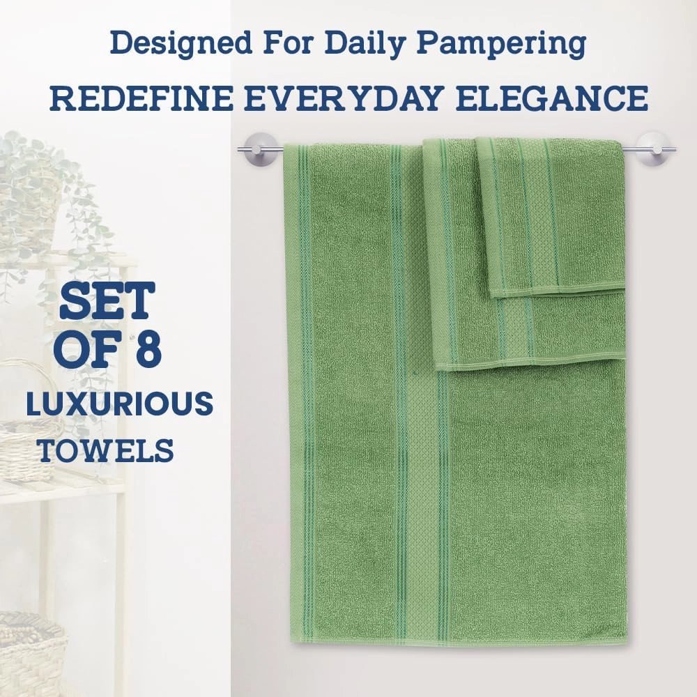 Casa Lino Bath Towel Set of 8 (2 Bath Towels, 4 Wash Cloths & 2 Hand Towels for Bathroom) - 100% Cotton - Highly Absorbent & Quick Dry - Guest Room Essentials for Bathroom Set - (Green)