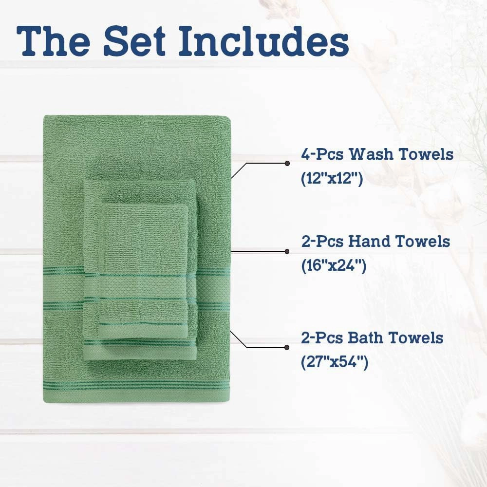 Casa Lino Bath Towel Set of 8 (2 Bath Towels, 4 Wash Cloths & 2 Hand Towels for Bathroom) - 100% Cotton - Highly Absorbent & Quick Dry - Guest Room Essentials for Bathroom Set - (Green)