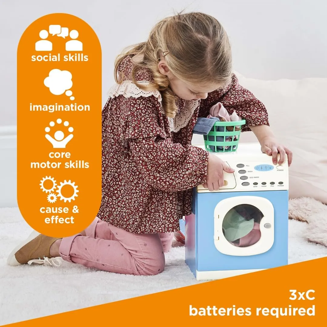 Casdon Blue Electronic Washer - Toy Washing Machine with Spinning Drum, Lights, & Sound Effects - Includes Laundry Basket & Washing Powder Box - Playset for Children Aged 3 