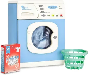 Casdon Blue Electronic Washer - Toy Washing Machine with Spinning Drum, Lights, & Sound Effects - Includes Laundry Basket & Washing Powder Box - Playset for Children Aged 3 