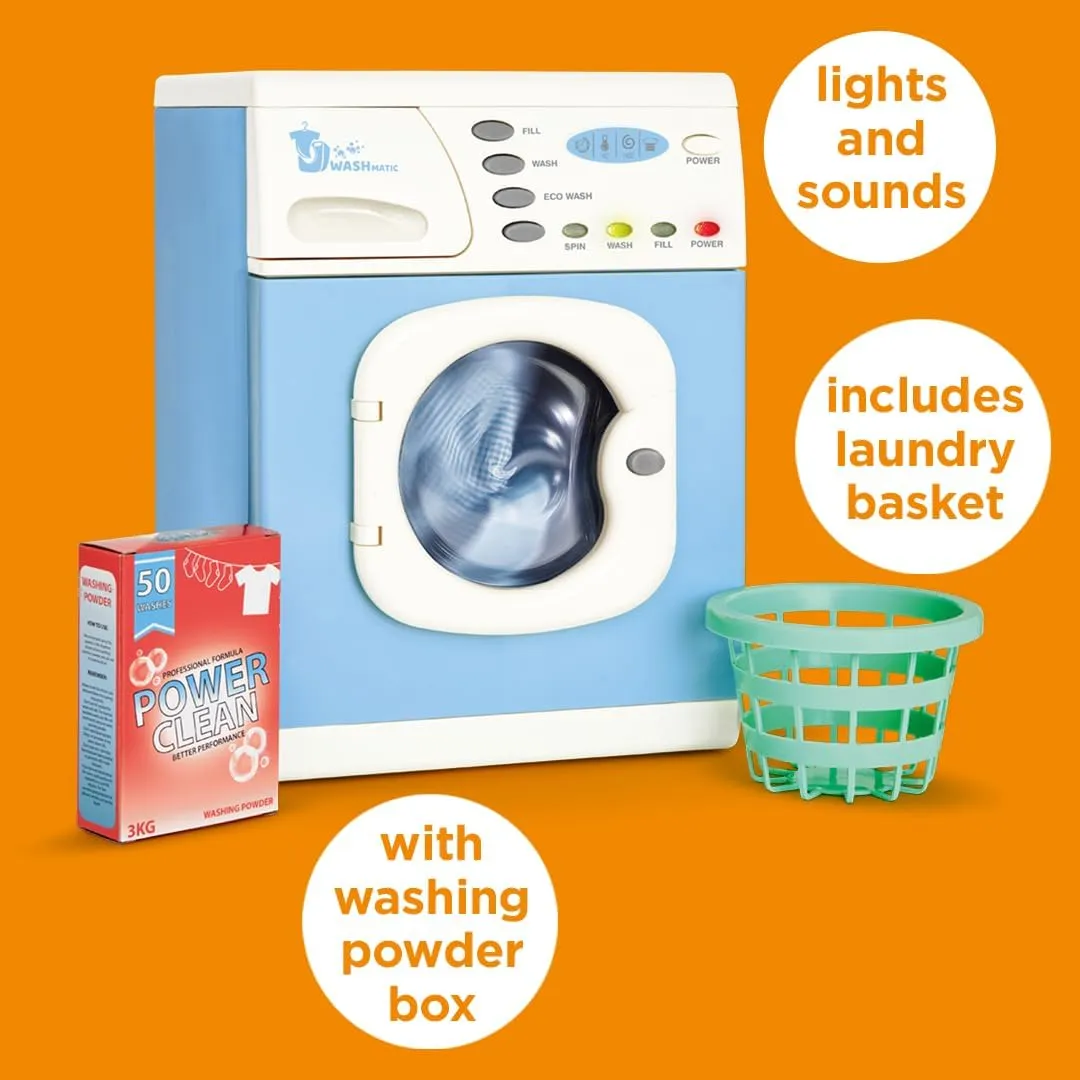 Casdon Blue Electronic Washer - Toy Washing Machine with Spinning Drum, Lights, & Sound Effects - Includes Laundry Basket & Washing Powder Box - Playset for Children Aged 3 