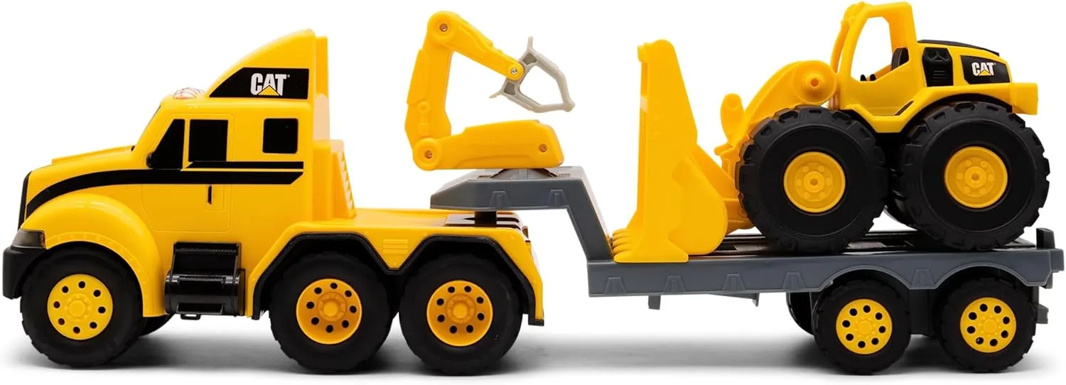 CAT Construction Toys, Heavy Mover, Semi Truck and Trailer with Construction Fleet Front Loader, Lights and Sounds, Ages 3 and up
