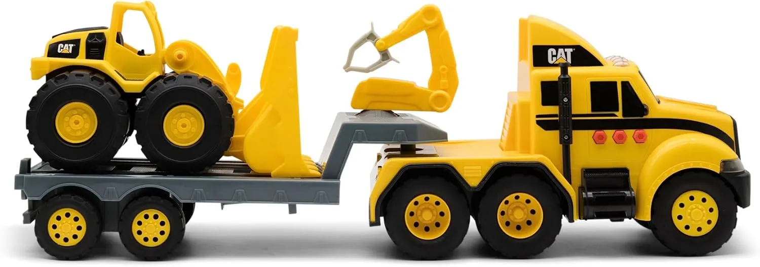 CAT Construction Toys, Heavy Mover, Semi Truck and Trailer with Construction Fleet Front Loader, Lights and Sounds, Ages 3 and up