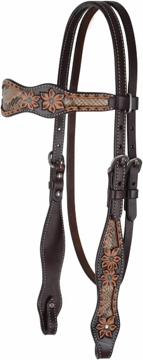 Circle Y Python Pass Browband Headstall - Equestrian Vintage Leather Hand-Tooled Floral Design Turquoise Accents Horse Browband Headstall, 1"-2" Width
