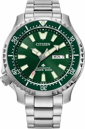 Citizen Men's Eco-Drive Promaster Dive Fugu Automatic Stainless Steel Watch, Luminous, ISO Compliant, Silver/Green Dial