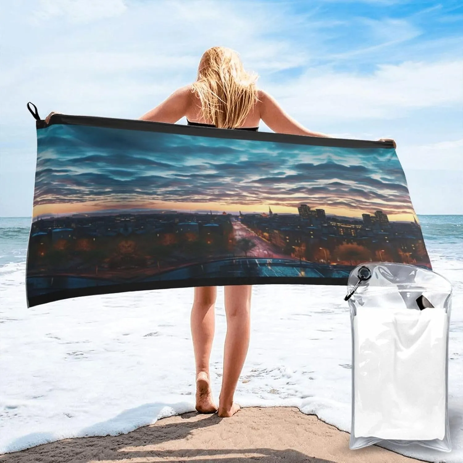 Cityscape Dusk Premium Compact Microfiber Travel Towel-Featherlight & Quick Dry,Sand-Resistant Beach Towel for Swimming,Camping,Vacation Essentials with Carry Pouch