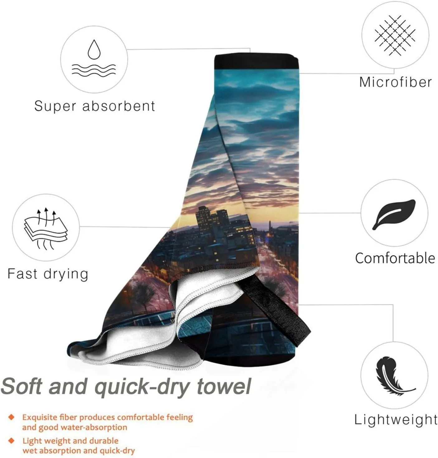 Cityscape Dusk Premium Compact Microfiber Travel Towel-Featherlight & Quick Dry,Sand-Resistant Beach Towel for Swimming,Camping,Vacation Essentials with Carry Pouch