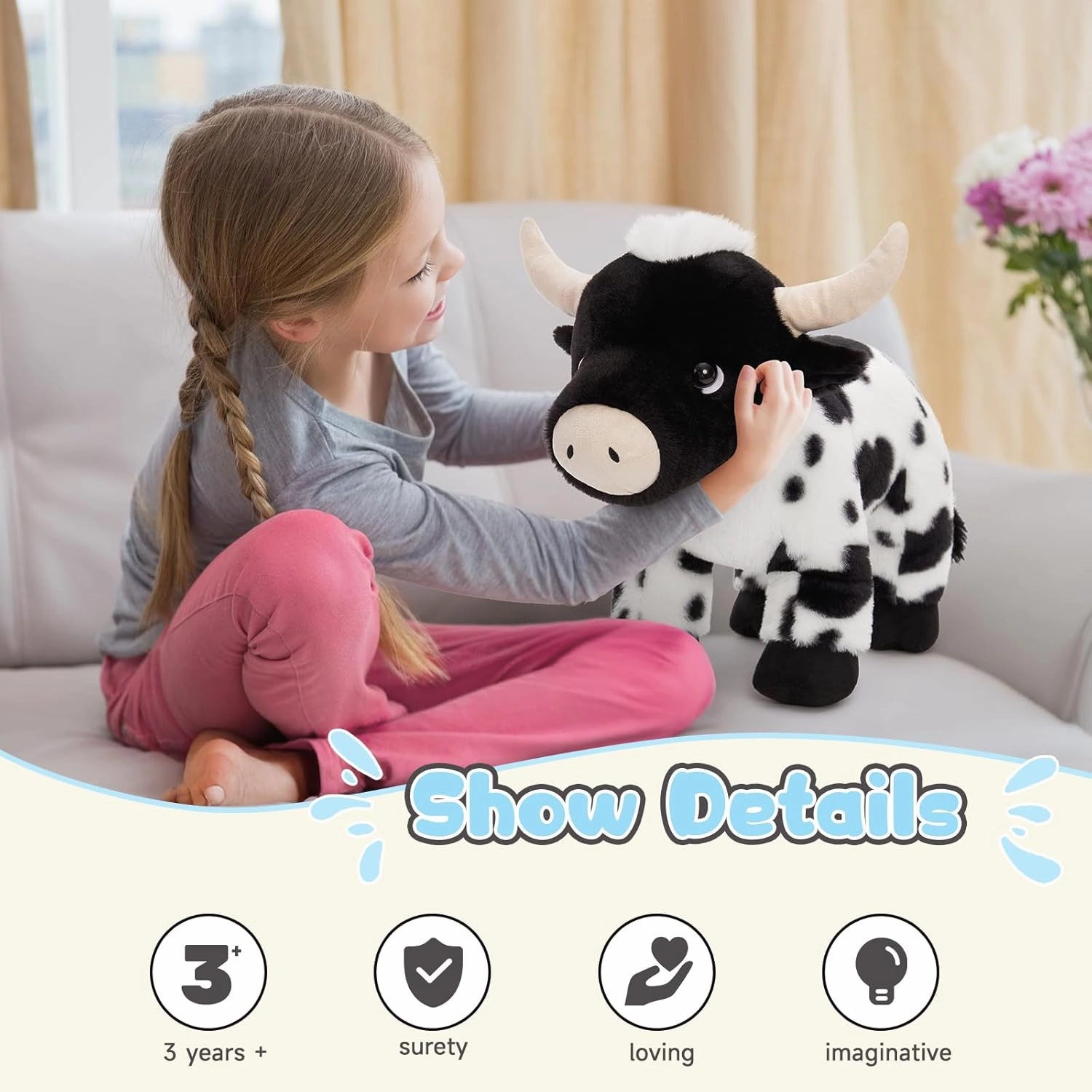 Cow Stuffed Animal 16'', Cuddly Cow Toys Plush for Girls Boy Kids, Cute Farm Animal Pluhies Gift for Christmas Birthday Baby Shower