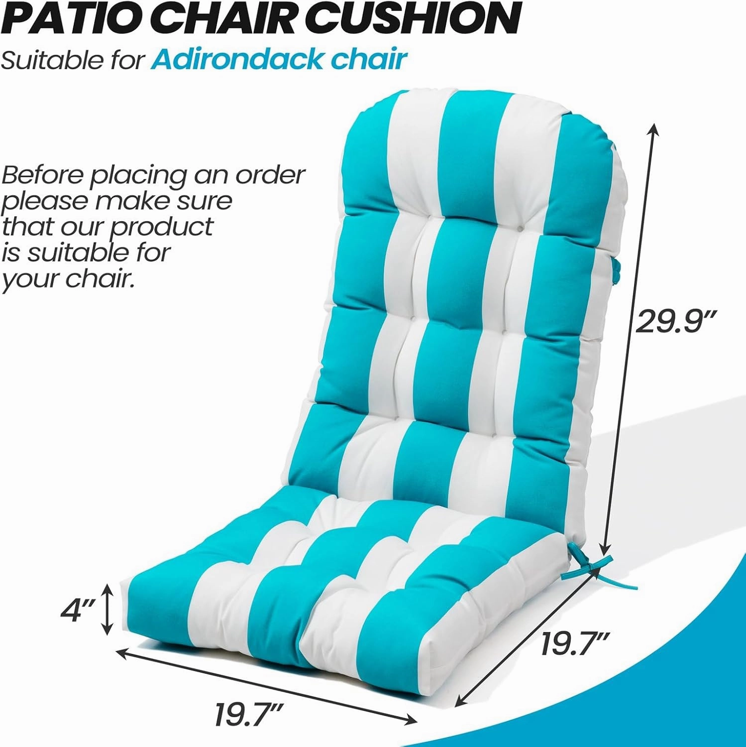 Crestlive Products Adirondack Chair Cushion Outdoor Rocking Chair Cushions Waterproof Fade Resistant 50x20x4 Inch High Back Patio Chair Cushions Set of 2 Thick Patio Replacement Cushion Blue Stripe