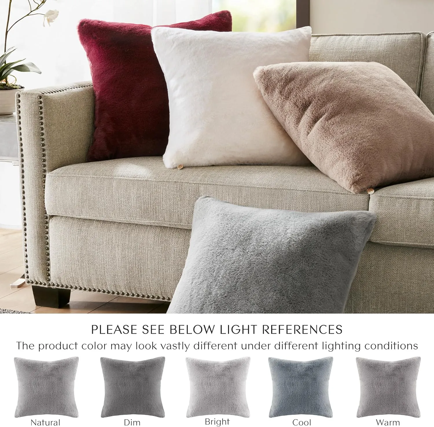 Croscill Décor Pillow, Luxurious Long Faux Fur Plush Removable Cover with Brand Insignia Zipper, All Season & Skin Friendly Poly Filling Décor Pillow Insert, Sable, Square, 20x20, Grey