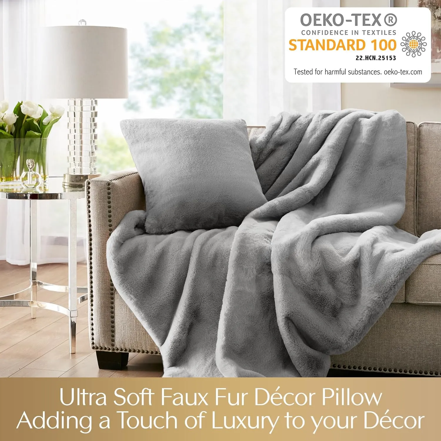 Croscill Décor Pillow, Luxurious Long Faux Fur Plush Removable Cover with Brand Insignia Zipper, All Season & Skin Friendly Poly Filling Décor Pillow Insert, Sable, Square, 20x20, Grey