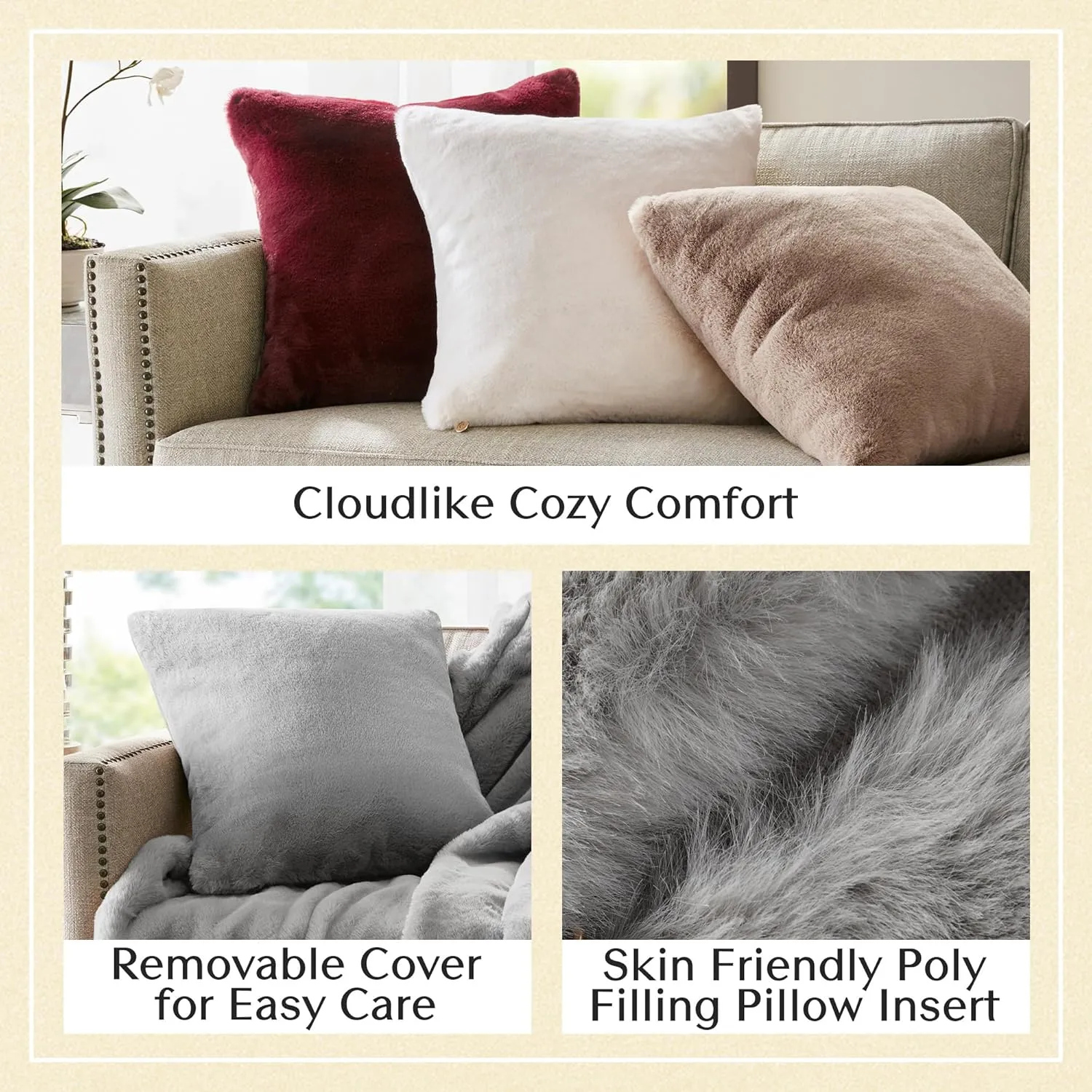 Croscill Décor Pillow, Luxurious Long Faux Fur Plush Removable Cover with Brand Insignia Zipper, All Season & Skin Friendly Poly Filling Décor Pillow Insert, Sable, Square, 20x20, Grey