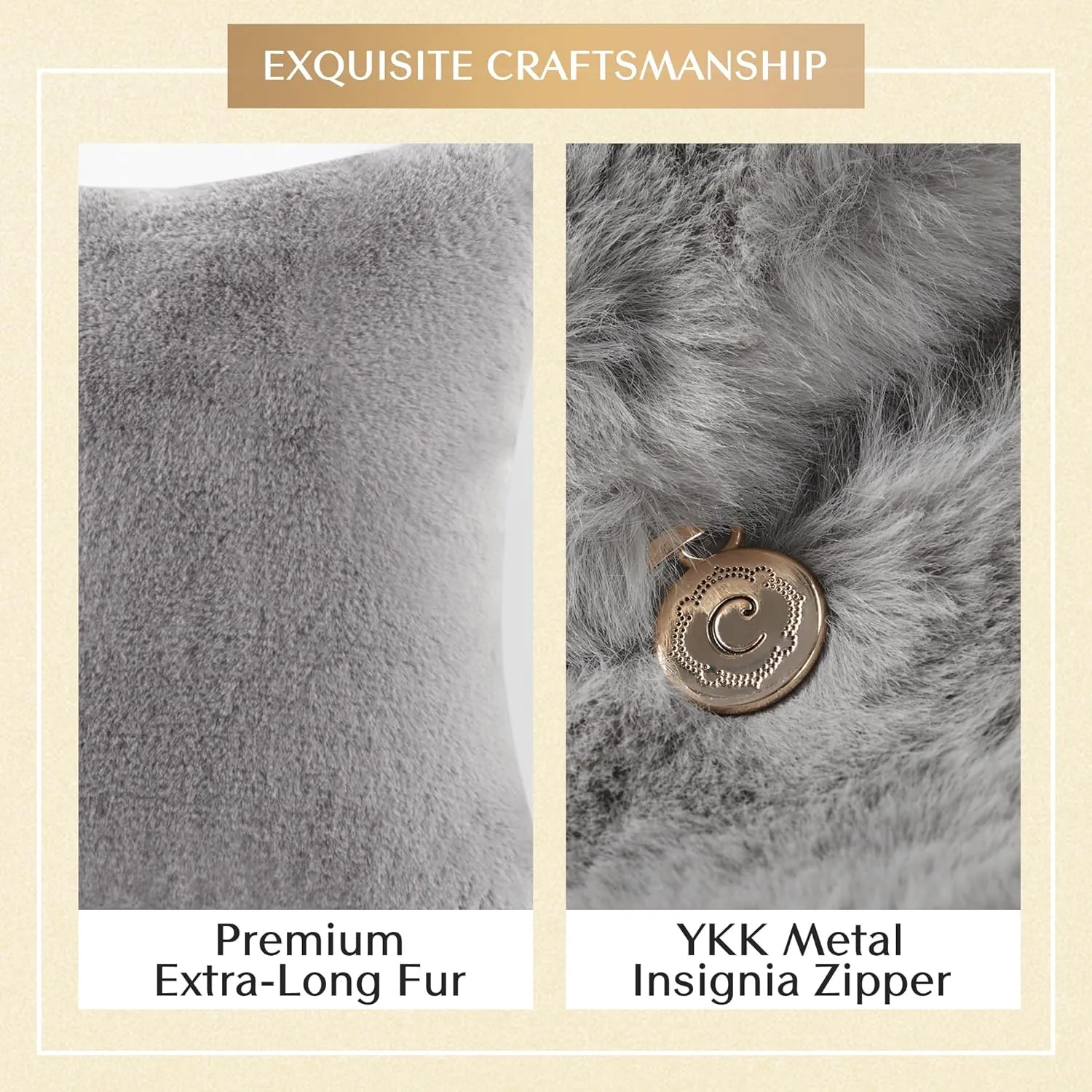 Croscill Décor Pillow, Luxurious Long Faux Fur Plush Removable Cover with Brand Insignia Zipper, All Season & Skin Friendly Poly Filling Décor Pillow Insert, Sable, Square, 20x20, Grey