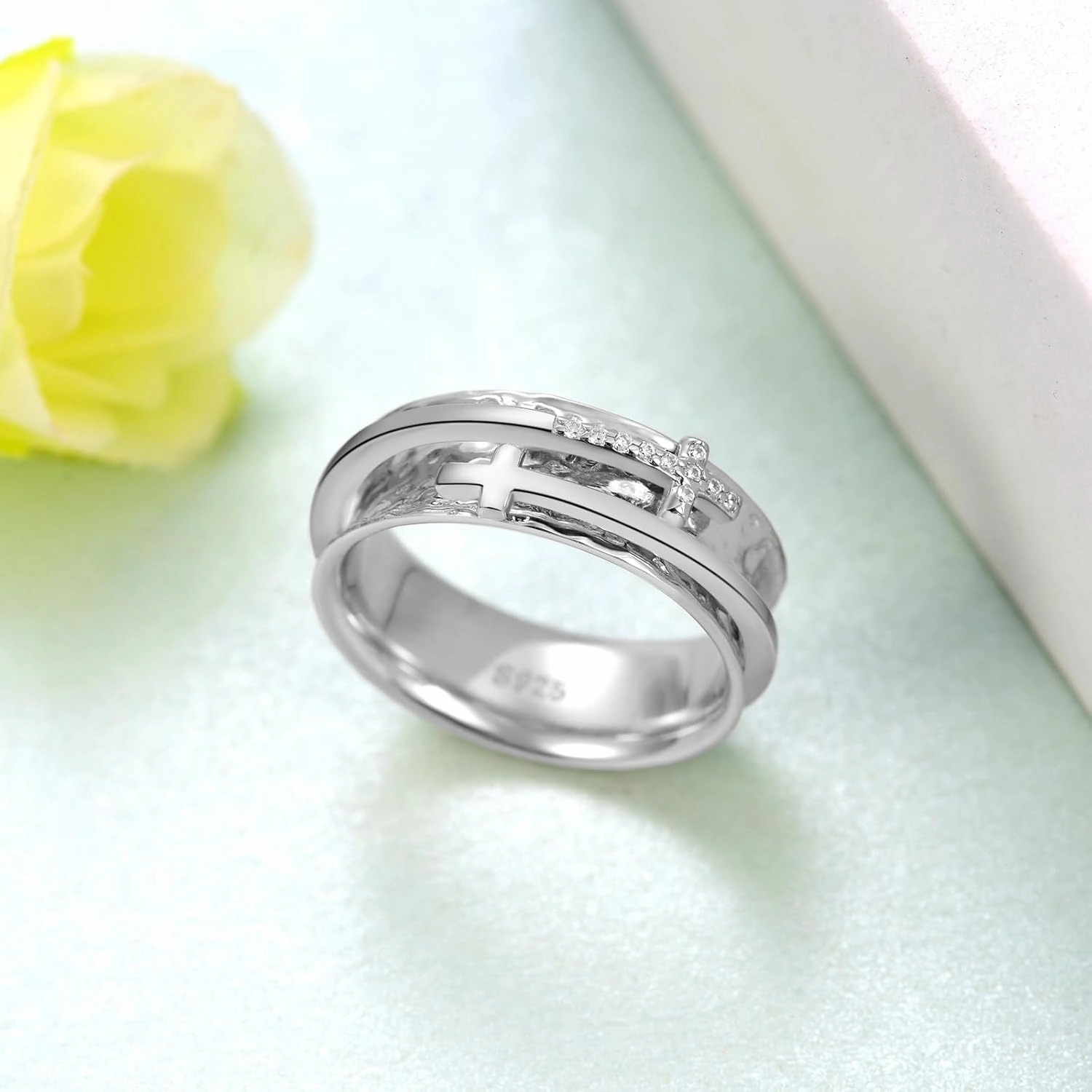 Cross Fidget Ring for Anxiety 925 Sterling Silver Fidget Spinner Ring Anxiety Jewelry for Women Men…