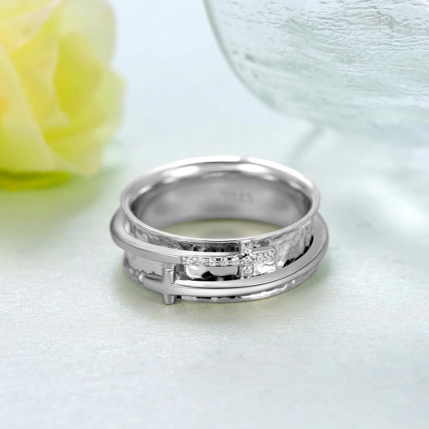 Cross Fidget Ring for Anxiety 925 Sterling Silver Fidget Spinner Ring Anxiety Jewelry for Women Men…