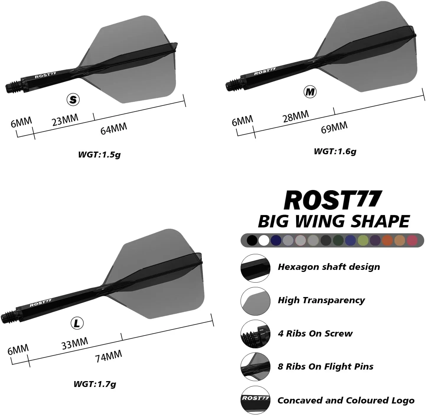 CUESOUL ROST 77 Integrated Dart Shaft and Flight Big Wing/Standard Shape Colour Collection Pack of 12 pcs