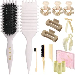 Curly Hair Brush,Curl Defining Brush,Slick Back Hair Brush,Rat Tail Comb,Edge Bristle Brush,Clip Claw,Bow,Satin Scrunchies,No Damage Hair Ties,Scarf Hair Ties,Gifts For Women,Best Gift Set(Ivory)