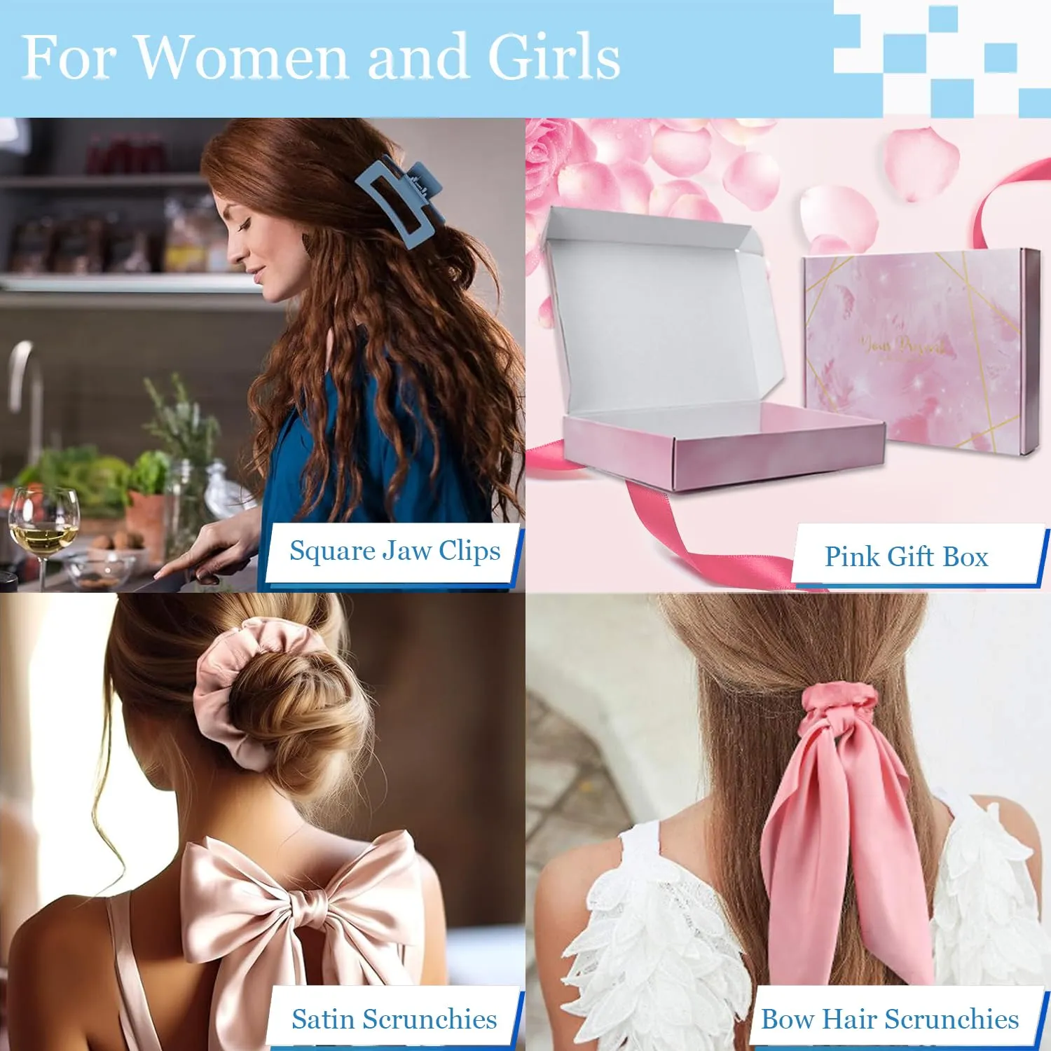 Curly Hair Brush,Curl Defining Brush,Slick Back Hair Brush,Rat Tail Comb,Edge Bristle Brush,Clip Claw,Bow,Satin Scrunchies,No Damage Hair Ties,Scarf Hair Ties,Gifts For Women,Best Gift Set(Ivory)