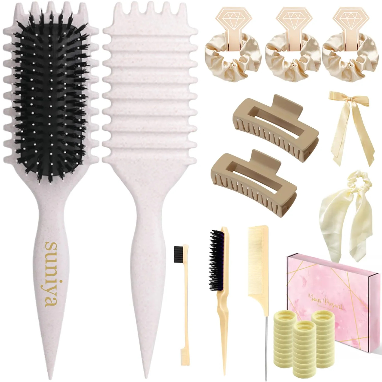 Curly Hair Brush,Curl Defining Brush,Slick Back Hair Brush,Rat Tail Comb,Edge Bristle Brush,Clip Claw,Bow,Satin Scrunchies,No Damage Hair Ties,Scarf Hair Ties,Gifts For Women,Best Gift Set(Ivory)