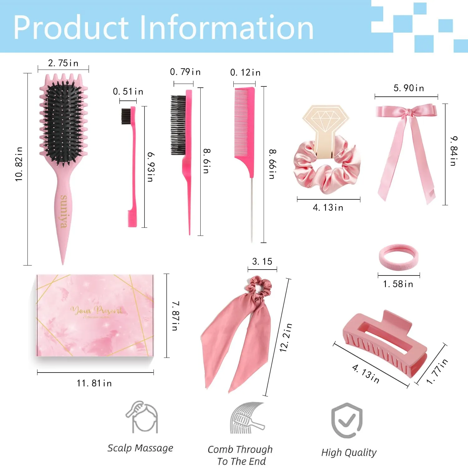 Curly Hair Brush,Curl Defining Brush,Slick Back Hair Brush,Rat Tail Comb,Edge Bristle Brush,Clip Claw,Bow,Satin Scrunchies,No Damage Hair Ties,Scarf Hair Ties,Gifts For Women,Best Gift Set(Ivory)