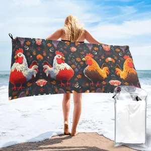 Cute Rooster Chickens Premium Compact Microfiber Travel Towel-Featherlight & Quick Dry,Sand-Resistant Beach Towel for Swimming,Camping,Vacation Essentials with Carry Pouch